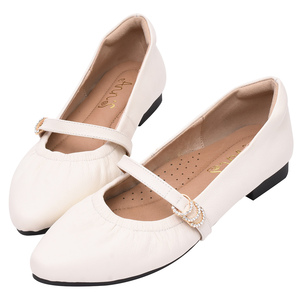 Zapatos Planos de Ballet Ann's de Cuero de Grano Completo con Hebilla de Perlas, Estilo Mary Jane, Color Beige, Cómodos y Casuales - Product Image 1