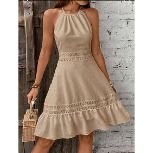 Mini-robe dos nu en crochet style halter, effet soleil, avec taille à œillets artisanale, coupe trapèze, en mélange de lin naturel - Product Image 5