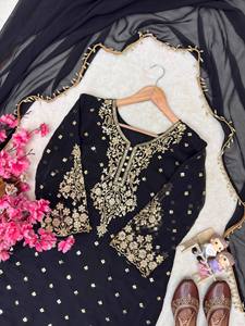 Trending Jet Black Salwar Kameez Gold Threadwork Neck Yoke Scalloped Hem Short Tunic Heavy Work Palazzo Scarf 3 Piece Designer - Product Image 2