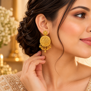 Conjunto clásico de collar largo y pendientes de cobre y latón con baño de oro de 24K, joyería para mujer, ideal para bodas indias y fiestas. - Product Image 4