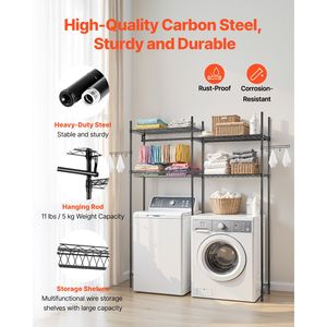 ชั้นวางของเหนือเครื่องซักผ้า 4 ชั้น ปรับระดับได้ 2 แถว พร้อมราวแขวนและตะขอ - Product Image 3