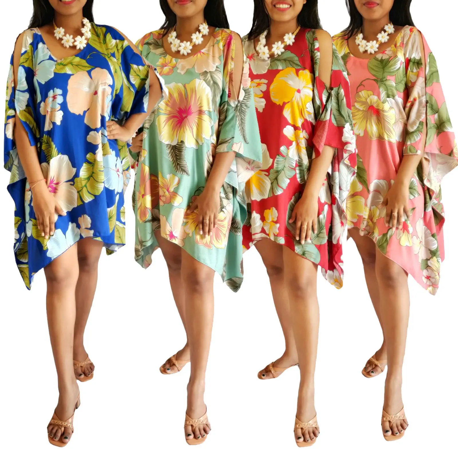 Desain Baru Cetak Ponco Pantai Gaun Wanita Boho Longgar Pendek Gaun Pantai Baju Renang Menutupi Kaftan