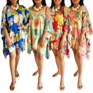 NEW Design Printed Beach Poncho Women Dress Boho Loose Short Beach Dresses Swimsuit Cover up Caftan