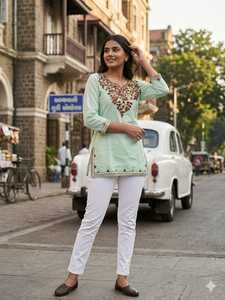 <b>Indian</b> Trendy Blue Embroidered Cotton TunicWith White Pants Traditional <b>Indian</b> Casual Wear Regular Fit All Seasons Style <b>Top</b> - Product Image 4