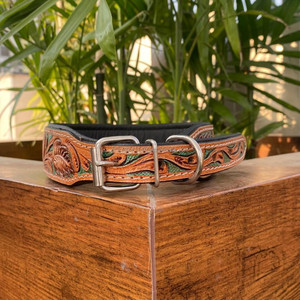 Collier de chien rembourré en cuir taillé à la main à motif occidental Colliers pour animaux de compagnie perlés en cuir véritable Produits en vrac doux et durables - Product Image 2