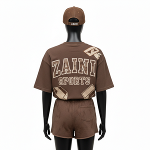 <b>Women</b> t shirt and booty <b>short</b> set premium cotton <b>jersey</b> 220 gsm tee 260 gsm fleece <b>short</b> custom screen print logo <b>Women's</b> Sets - Product Image 2