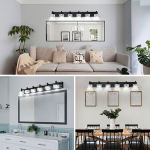 Moderna Lampada da Parete a 6 Luci LED Nera Opaca con Eleganti Paralumi in Cristallo per Bagno - Product Image 4