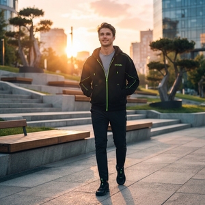 Sudadera con Capucha Negra Personalizada con Cierre Completo, Detalles en Verde Neón, Estilo Urbano Holgado - Product Image 6