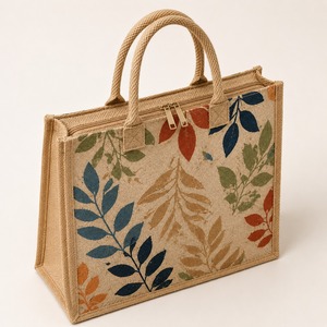 Sac fourre-tout en jute à imprimé feuilles avec poignée en corde, réutilisable pour les courses et l'usage quotidien, option de logo personnalisé, prêt pour la promotion - Product Image 6