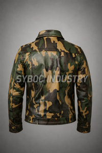 Veste en cuir camouflage pour homme, imprimé camouflage, en peau d'agneau, style trucker, poches à rabat sur la poitrine, fermeture boutonnée - Product Image 5