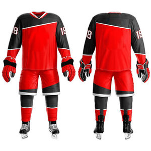 Custom Men's Ice Hockey Uniform <b>Set</b> Red Black <b>V</b>-Neck Full Sleeve Moisture Wicking Polyester Mesh Athletic Fit Winter Sport - Product Image 1