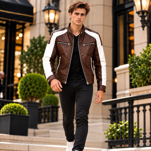 Chaqueta de Motero de Invierno para Hombre, de Cuero Vacuno Marrón, con Cuello Alto, Tachuelas, Diseño Motorrad y Forro de Seda - Product Image 1