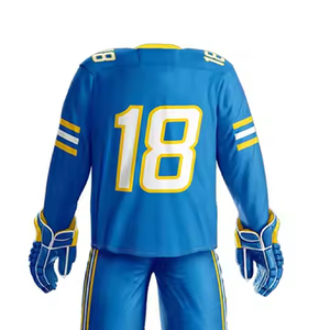 Custom Sublimated Ice Hockey Uniform Men's Blue White Gold Striped Jersey Pants Full Sleeve Moisture Wicking 100% Polyester - Product Image 5
