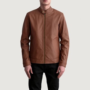 Veste en cuir véritable pour homme, couleur tan, coupe ajustée, en peau de mouton véritable, style café racer, col montant minimaliste, veste en cuir souple décontractée - Product Image 1