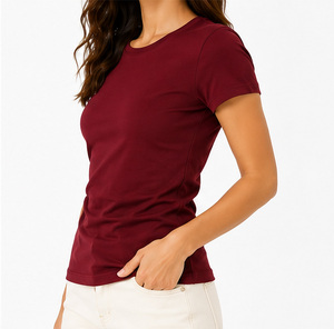 Camiseta de Cuello Redondo Color Granate para Mujer, Corte Ajustado, Manga Corta, Color Sólido, Ropa Casual, Transpirable y Cómoda - Product Image 5