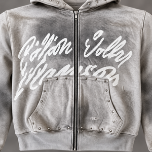 Custom <b>Mens</b> <b>Grey</b> Applique <b>Zip</b> <b>Hoodie</b> Eco-Friendly 370g Heavyweight Fleece Streetwear Casual Spring Apparel Top - Product Image 3