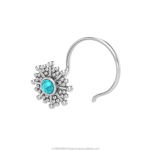 Indian Mores 925 Sterling <b>Silver</b> Round Shape Turquoise Cup Setting <b>Nose</b> Pin Stud for Women Girls - Product Image 2