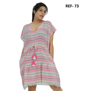 Vestido Midi Kaftan de Algodón Teñido con Hilo, Cuello en V, Fabricante - Product Image 2