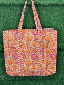 Botanical Print Eco-friendly Cotton Tote <b>Bag</b> | Orange for Quilted Floral Design | Handmade Fashion Shoulder Tote for Women - Product Image 5