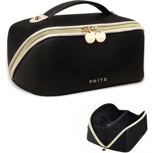Sac de voyage pour maquillage en cuir vegan imperméable pour femmes, s'ouvrant à plat, avec séparateur transparent et poignée, pour organiser les articles de toilette - Product Image 1