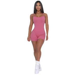 Body deportivo corto sin mangas para mujer, color rosa sólido, con espalda cruzada, elástico en cuatro direcciones, sin costuras, para gimnasio. - Product Image 2