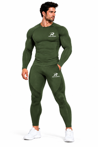 Conjunto de Compresión Deportivo para Hombre Risk Sports, Color Verde Oliva, Sin Costuras, con Logotipo Personalizado, Camiseta de Manga Larga y Pantalones hasta el Tobillo - Product Image 4