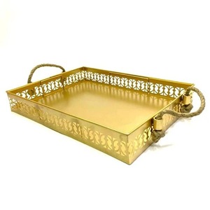 Bandeja Decorativa de Latón con Diseño Floral, Asas de Cuerda, Color Natural, Rectangular, Diseño Moderno, para Mesa de Comedor, Ramadán, Bodas, Diwali - Product Image 5