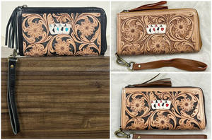 Portefeuille-pochette en cuir véritable de vache, fait main, avec fermeture éclair, protection RFID, design de jeu de cartes, pour femmes, OEM ODM. - Product Image 4