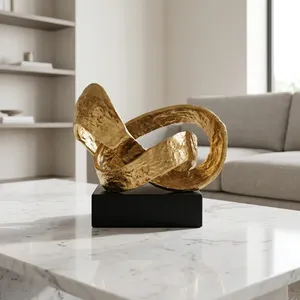 Sculpture métallique abstraite finition or, statue décorative moderne, objet de décoration de table avec base noire pour la maison, le bureau ou le salon - Product Image 6