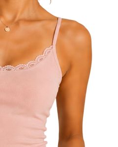 Light Pink Women Lace Trim Ribbed <b>Cami</b> Tank <b>Top</b> Spaghetti Strap Sleeveless Cotton Slim Fit Casual Summer <b>Crop</b> Vest Fashion Wear - Product Image 4