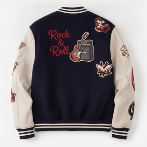 Chaqueta Varsity Azul Marino para Hombre con Mangas Crema, Parche Bordado Rock & Roll, Chaqueta Bomber de Béisbol Estilo Letterman, Preppy Streetwear - Product Image 3