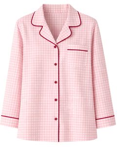 Ensemble de pyjama pour femmes en gingham rose personnalisé, manches longues, boutonné, vêtements de nuit en coton doux, ensemble de vêtements de détente en deux pièces - Product Image 3