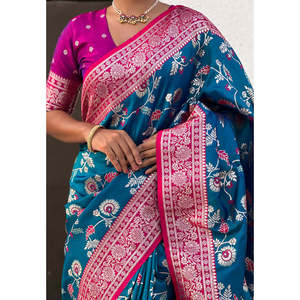 Sari Azul Banarasi con Jaal en Contraste, Tejido en Seda Suave con Zari, Chal Tradicional Indio - Product Image 1