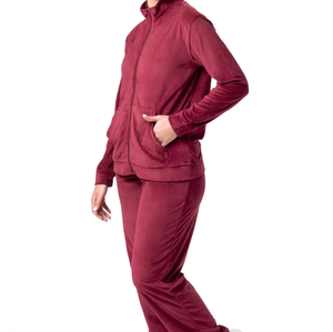 Ensemble de survêtement en velours bordeaux pour femme, dernière collection, veste zippée et pantalon, logo personnalisé OEM, coupe ajustée, tenue décontractée d'hiver - Product Image 3