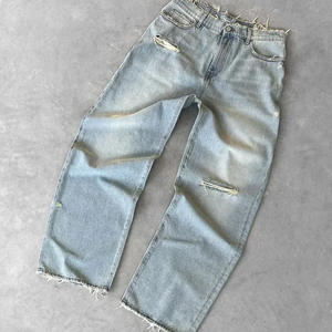 Jeans de mezclilla de cintura media, pierna ancha, desgastados y rotos, de algodón, corte holgado, para hombre, informales, para verano y otoño, ecológicos, en negro y azul claro. - Product Image 3