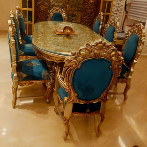 Juego de Comedor de Alta Gama en Oro Champán, Tapizado en Azul de Lujo, Madera de Teca Tallada Antigua, Muebles de Palacio Real Premium - Product Image 6