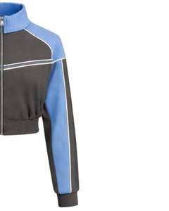 Chaqueta deportiva corta azul grisácea para mujer, con cremallera, para gimnasio, fitness, ropa deportiva, con rayas en contraste, proveedor OEM. - Product Image 5