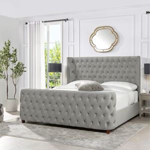 Set Letto Imbottito in Velluto Grigio Opale Brooklyn, Misura King con Testiera e Pediera Rivestite - Product Image 1