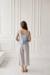Pantalon large en lin pour femme, taille haute, coupe courte, décontracté, pour l'été – Vêtements personnalisés pour femme en gros - Product Image 3