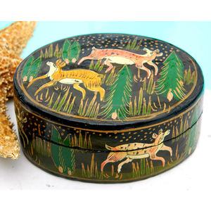 Boîte à bijoux de luxe en papier mâché, organiseur premium recyclé avec doublure douce et boîte ronde artisanale en papier mâché peinte de motifs floraux - Product Image 3