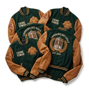 Direct Source Varsity Letterman Jacket Leather Sleeves Wool Body Chime <b>Bell</b> Patch Belltower Embroidery Green Coat - Product Image 1