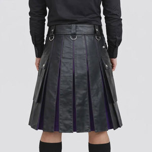 Black <b>Leather</b> Utility Kilt with Purple Panels Modern Hybrid Scottish <b>Leather</b> Kilt for Men - Product Image 4