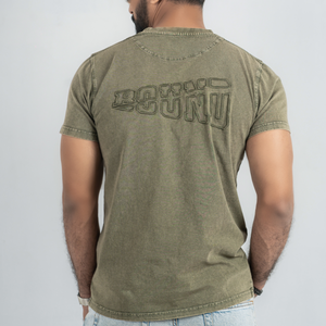 T-shirt en coton vert olive pour homme, coupe décontractée, manches courtes, col rond, broderie, couleur unie, jersey tricoté, design simple - Product Image 1
