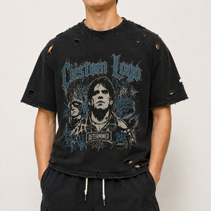 Camiseta de Jersey Gráfica Desgastada Unisex Personalizada 100% Algodón Estilo Hip Hop Verano Holgada Corta con Bajo Deshilachado Ligeramente Elástica Vintage - Product Image 2