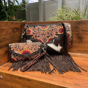Nuevo bolso de flecos de cuero de vaca genuino personalizado y bolso de mano con diseño de girasol para mujer conjuntos combinados de 2 piezas - Product Image 4