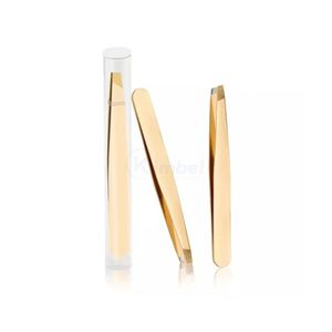 Ensemble de pinces à sourcils dorées dans un tube de rangement, outils de toilettage de précision en acier inoxydable, design personnalisé - Product Image 1