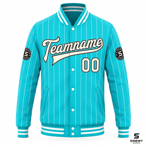 SINEWY SPORTS Veste universitaire unisexe hiver grande taille à rayures turquoise, personnalisable avec nom et numéro par impression par sublimation - Product Image 2