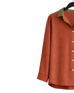 Ensemble pyjama décontracté en coton et lin pour femme, couleur orange rouille, chemise boutonnée et pantalon à cordon, deux pièces, fabricant - Product Image 3