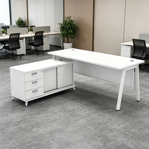 Modern Durable Executive Office <b>Desk</b> Premium White Melamine Finish Integrated Storage <b>Cabinet</b> Versatile Commercial Furniture - Product Image 2