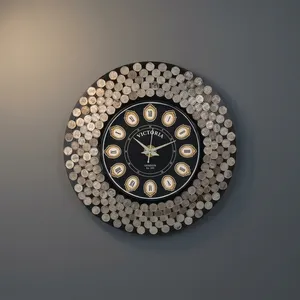 Victoria Handcrafted Wood Wall <b>Clock</b> Analog Quartz for Design <b>Battery</b> Operated Round Black Coin Pattern Huda Handicrafts - Product Image 3